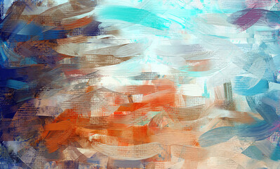 Deep sea, abstract oil painting on canvas. Painted coral, brown, orange, azure and dark blue