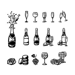 set of silhouettes with champagne, glasses of wine illustration