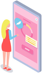 Girl stands near smartphone with application interface on screen. Woman looking at statistics and data in mobile app. Program design in feminine pink style. Lady using phone, digital device