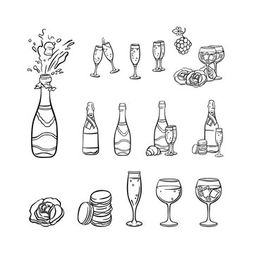 line set alcohol with champagne, glasses of wine illustration