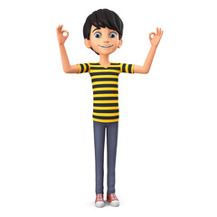 Guy cartoon character in striped t-shirt isolated on white background renders ok with two hands. 3d rendering illustration.