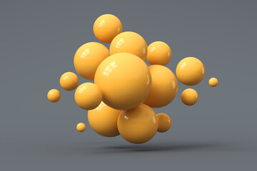 Abstraction from yellow spheres on a gray background. 3d render illustration.