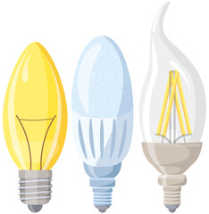 Set of light bulbs and lamps. Electric LEDs and incandescent lamps or energy-saving lighting fixtures. Light bulbs with different base shapes. Electrical appliances for creating interior light