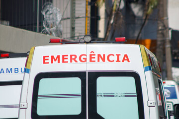 back of an ambulance written emergency in Rio de Janeiro, Brazil.