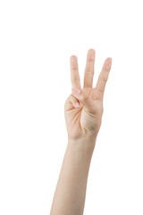 Woman showing the number two with hand signs, on white background