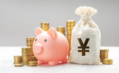 Piggy bank with coins and bag of money with Yuan symbol. A concert of saving money or investing