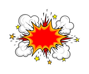 Fototapeta premium A flat illustration of a cartoon explosion with flames, clouds and stars flying away from the explosion, isolated on a white background.