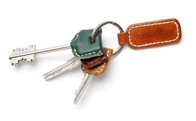 The keys and key ring are sewn into leather. Blank keychain template. isolated on white background.