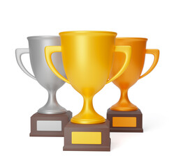 Gold cup, silver cup and bronze cup isolated on a white background. 3d render