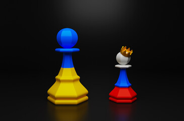Chess pieces big pawn symbol of Ukraine with yellow and white flag color. Little pawn Russia. The war in Ukraine. 3d render