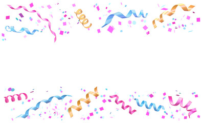 Colorful falling foil confetti. Isolated carnival decorations border on white background.