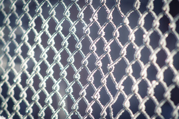 A metal wicker fence covered with ice crystals. Iron steel border at winter cold morning