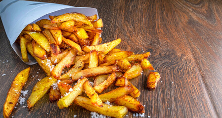 Menu fast food of French fries or fried potatoes homemade on wooden background.top view