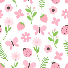Seamless pattern ladybug butterflies  strawberry flowers vector illustration