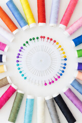 top view of bright and colorful threads on white background