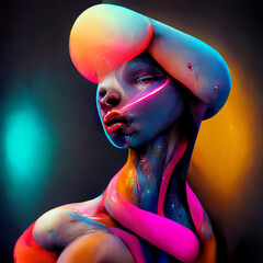 Futuristic abstract portrait in neon colors. Digital 3D figurative illustration with glowing fluid shapes - 518324710