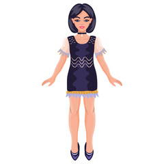 Young black haired woman in cocktail dress. Paper doll concept. Cheerful female character full length isolated on white background.