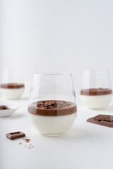 Italian dessert with chocolate. Creamy panna cotta. White background with dessert.