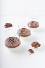 Italian dessert with chocolate. Creamy panna cotta. White background with dessert.