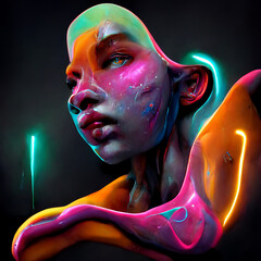 Futuristic abstract portrait in neon colors. Digital 3D figurative illustration with glowing fluid shapes - 518325164