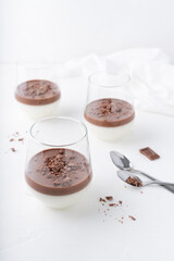 Italian dessert with chocolate. Creamy panna cotta. White background with dessert.