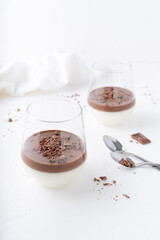 Italian dessert with chocolate. Creamy panna cotta. White background with dessert.
