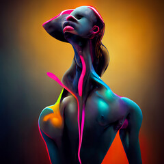 Futuristic abstract portrait in neon colors. Digital 3D figurative illustration with glowing fluid shapes