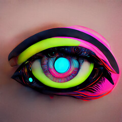 Futuristic cyber eye illustration in neon colors. Psychedelic digital eye with glowing fluid shapes