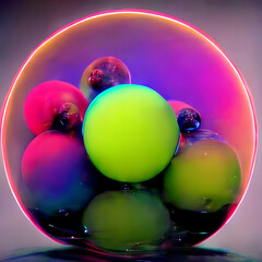 futuristic neon 3D bubble or sphere with 3d liquid shapes inside, circle objects with gradient texture, glowing fluid shapes. Modern design, 3D render - 518325332
