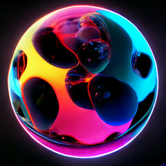 futuristic neon 3D bubble or sphere with 3d liquid shapes inside, circle objects with gradient texture, glowing fluid shapes. Modern design, 3D render - 518325393