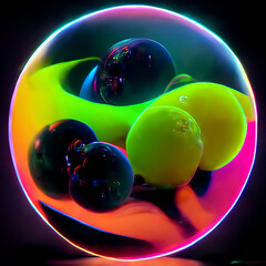 futuristic neon 3D bubble or sphere with 3d liquid shapes inside, circle objects with gradient texture, glowing fluid shapes. Modern design, 3D render - 518325508