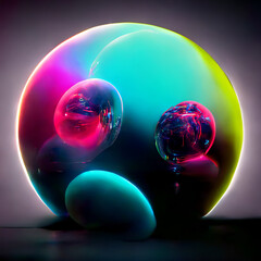 futuristic neon 3D bubble or sphere with 3d liquid shapes inside, circle objects with gradient texture, glowing fluid shapes. Modern design, 3D render - 518325536