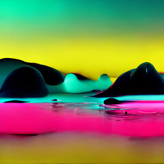 futuristic neon 3D landscape with liquid shapes, glowing fluid shapes. Modern 3d fluid design - 518325565
