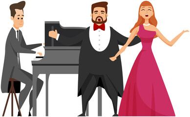 Opera singers and musician pianist at piano on stage. Concert hall perfomance flat color vector. Evening show of beutiful songs. Elegant classical music show artists. Premiere, concerto of vocalists