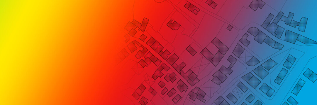 Imaginary cadastral map of territory with buildings, roads and land parcel - land registry concept illustration against a colored background