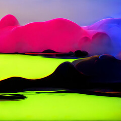 futuristic neon 3D landscape with liquid shapes, glowing fluid shapes. Modern 3d fluid design - 518325719