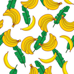 Exotic fruits on a white background. Bananas and banana leaves. Seamless pattern with banana leaves. Vector illustration of bananas.