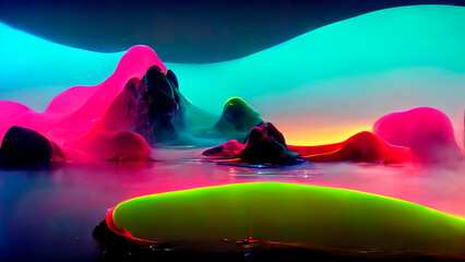 futuristic neon 3D landscape with liquid shapes, glowing fluid shapes. Modern 3d fluid design - 518325747