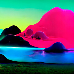 futuristic neon 3D landscape with liquid shapes, glowing fluid shapes. Modern 3d fluid design - 518325777