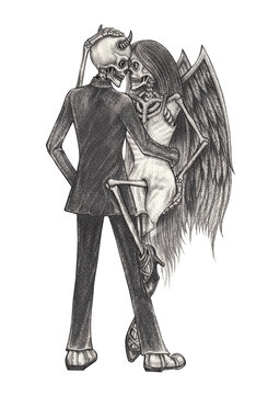 Art fantasy devil dancing with angel skulls.Hand drawing on paper.