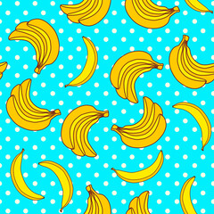Banana seamless background with a beautiful turquoise background with polka dots. Fresh template.  Childish style, abstract pop art on blue with polka dots.