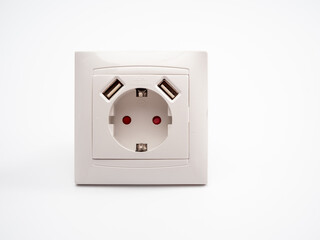Universal European standard socket with two usb connectors on a white background.
