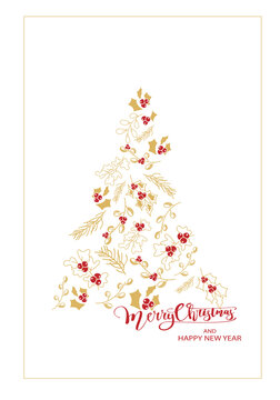 Vector. Merry Christmas and Happy New Year floral background, text design. Rustic vertical template for a Christmas card, party invitation and other promotional items. Hand-drawn sketch.