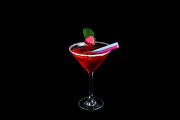 Glasses of delicious strawberry daiquiri on black background.