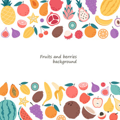 Fruits and berries background. Natural organic nutrition. Healthy food, dietetics products, fresh vitamin grocery products. Vector illustration in flat style