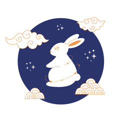 Happy Chinese New year greeting card 2023 with cute white rabbit. Year of the Rabbit. Mid autumn festival. Hand drawn vector illustration