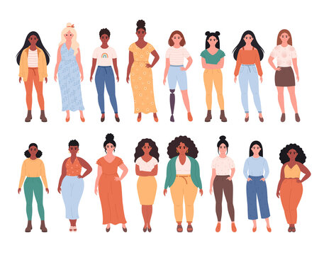 Women of different races, body types, hairstyles. Social diversity of people in modern society. Woman with physical disability. Fashionable casual outfit. Hand drawn vector illustration