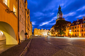 Beautiful architecture of the Town Hall Square in Jelenia Gora at dusk, Poland