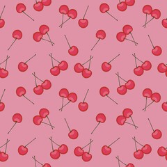 Red cherry berry with green leaf isolated on pink background. Seamless pattern.