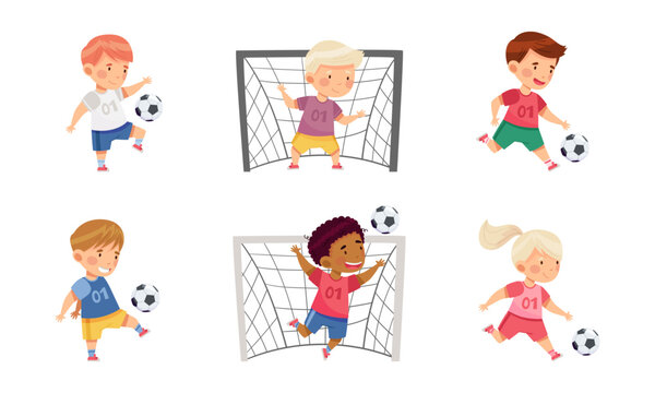 Cute Kids Playing Soccer Set. Children Kicking Ball, Goalkeepers Standing At Gates Vector Illustration